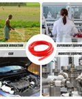 Heavy Duty Silicone Vacuum Hose 10 Ft Long One Eighth Inch Inner Diameter High Temperature 130 PSI Max Flexible Auto Radiator Vacuum Tubing Red Durable Multiuse Line For DIY Engines Repairs And Replacements shown used in garden, lab, car, industrial settings.