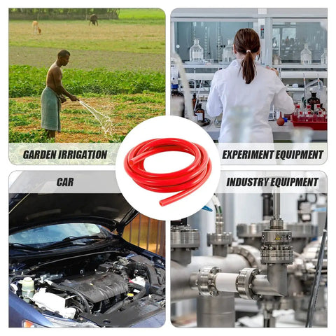 Heavy Duty Silicone Vacuum Hose 10 Ft Long One Eighth Inch Inner Diameter High Temperature 130 PSI Max Flexible Auto Radiator Vacuum Tubing Red Durable Multiuse Line For DIY Engines Repairs And Replacements shown used in garden, lab, car, industrial settings.
