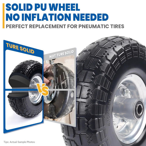 Comparison of flat free 10 inch solid replacement tire wheel for Gorilla cart with non-solid alternative on textured terrain