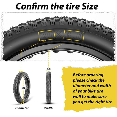 20x3.0 Inch Foldable Fat Bike Tire Replacement For E Bike And MTB On Road And Off Road with size confirmation detail diagram