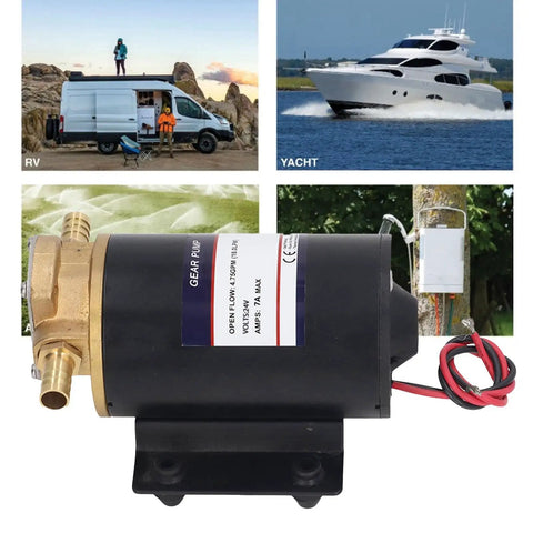 Heavy-Duty Self Priming Brass Gear Pump With 12V And 24V Electric Fuel Transfer Capabilities For Diesel Oil And Saltwater Applications Featuring Sturdy Solid Brass Housing And Vibration Absorbing Rubber Base For Long Lasting Industrial Use Performance