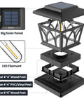 Exploded view of Solar Post Cap Lights For 4x4 And 6x6 Posts, Waterproof Outdoor Fence Caps With Filament LED and adapters.