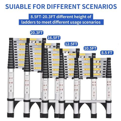 Different sizes of aluminum telescoping ladder with triangle stabilizers and anti-slip wide pedals for versatile use.