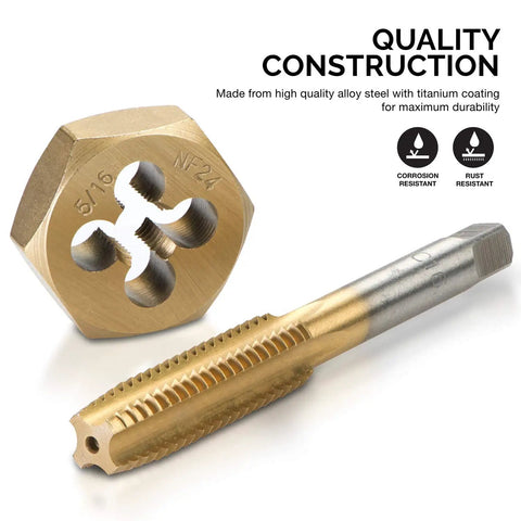 Pro-Grade Titanium SAE Tap and Die Set with UNC and UNF for large diameter threads showing titanium coating features