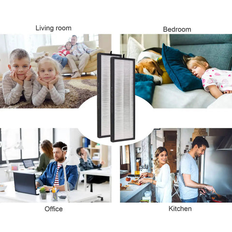 Two Pack True HEPA Filter for Instant Clear NEA120 and Toshiba Smart WiFi air purifiers shown in various home settings.