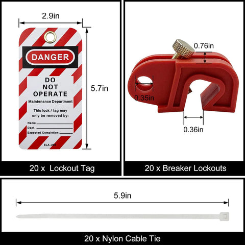 Image of Circuit Breaker Lockout Device 20 Pack Universal Single And Multi Pole Lockout Tags LOTO Kit OSHA Compliant including lockout tag, breaker lockouts, and nylon cable tie