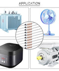 SF139E Thermal Cutoff Fuse 142 Degree Celsius Metal Thermal Fuse 10A 250V Used In Household Appliances With GT1 Crimp Terminal Silicone Fiberglass Sleeving For Safe One Shot Temperature Protection shown with applications in transformers, fans, rice cookers, and motors.