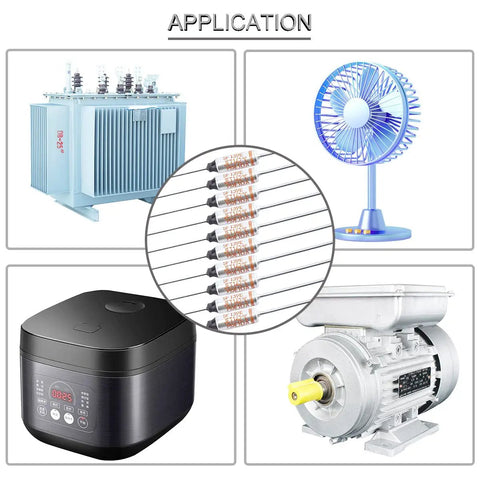 SF139E Thermal Cutoff Fuse 142 Degree Celsius Metal Thermal Fuse 10A 250V Used In Household Appliances With GT1 Crimp Terminal Silicone Fiberglass Sleeving For Safe One Shot Temperature Protection shown with applications in transformers, fans, rice cookers, and motors.