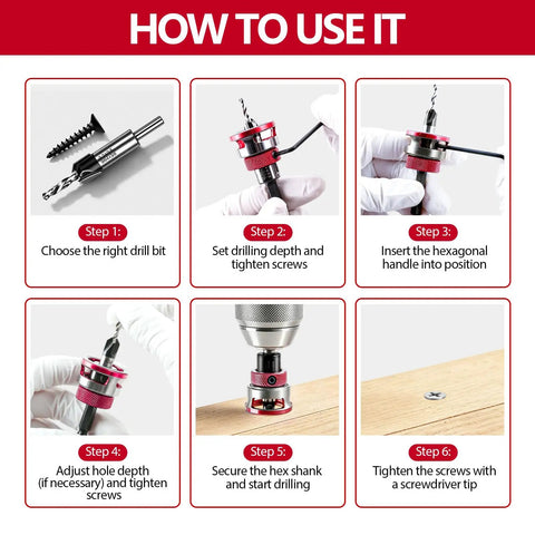 Step-by-step instructions for using the Top Shelf Countersink Drill Bit Set With Adjustable Depth Stop And Ball Bearing Guide For Woodworking.