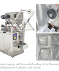 Heavy Duty Stainless Steel Automatic Liquids Filling And Sealer With Horizontal Mixing Hopper, showing bagging and sealing process.