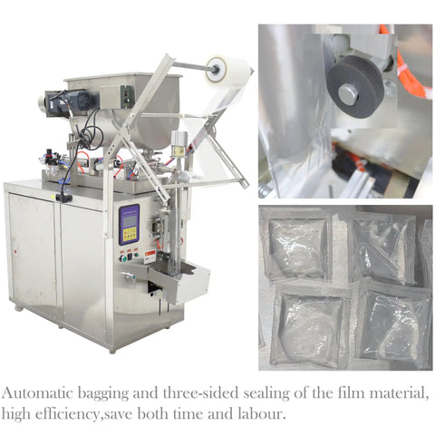 Heavy Duty Stainless Steel Automatic Liquids Filling And Sealer With Horizontal Mixing Hopper, showing bagging and sealing process.