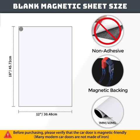 Two Pack 18x12 Inch Car Magnets With 40 Mil Thick Flexible Sheets, non-adhesive design, shown with dimensions in inches and cm