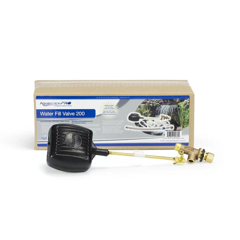 Automatic Water Fill Valve 200 for ponds and garden features with brass arm and poly float shown in packaging