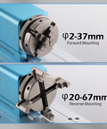 Rotary Module Kit For Prover XL 4030 V2 CNC Router with 4 jaw chuck showing forward and reverse mounting options.