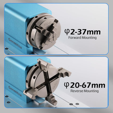 Rotary Module Kit For Prover XL 4030 V2 CNC Router with 4 jaw chuck showing forward and reverse mounting options.