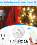 Remote Control Outlet Switch With Wireless Wall Mount For Lamps Fans And Household Appliances No Wiring Needed 15 Amps 1500 Watts 500 Feet RF Range Super Easy On Off shown in use by Christmas tree with remote and plug close-up.