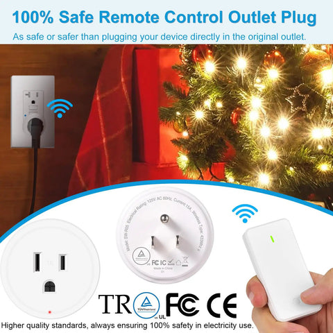 Remote Control Outlet Switch With Wireless Wall Mount For Lamps Fans And Household Appliances No Wiring Needed 15 Amps 1500 Watts 500 Feet RF Range Super Easy On Off shown in use by Christmas tree with remote and plug close-up.