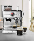Darn Good Semi Automatic Espresso System With Integrated Conical Burr Grinder And Easy Pull Steam Wand Features Pid Temperature Lock 95 Oz Removable Water Container Slim Desktop Coffee Brewer For Rich Lattes brewing espresso with two cups filled on counter.