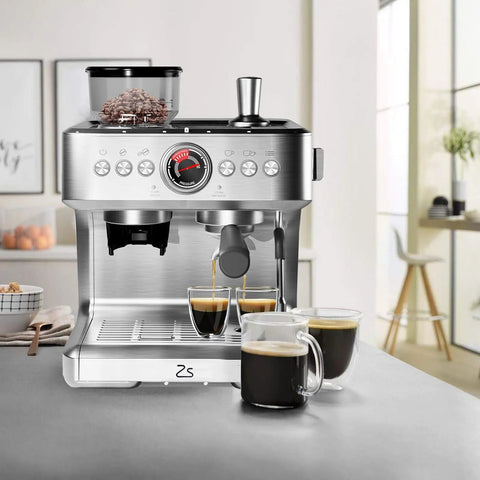 Darn Good Semi Automatic Espresso System With Integrated Conical Burr Grinder And Easy Pull Steam Wand Features Pid Temperature Lock 95 Oz Removable Water Container Slim Desktop Coffee Brewer For Rich Lattes brewing espresso with two cups filled on counter.