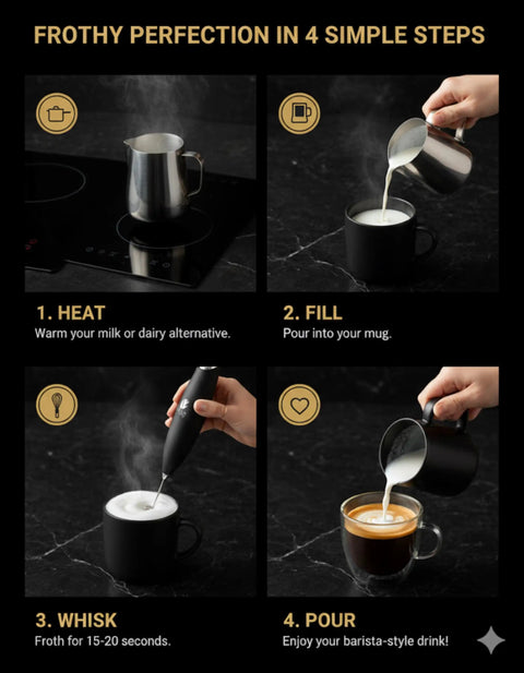 Step-by-step guide showing how to use Versatile Handheld Milk Frother With Stand For Lattes Cappuccinos And Hot Chocolate.