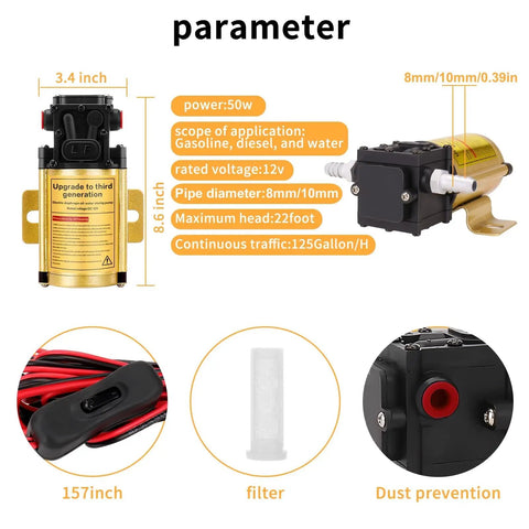 Heavy Duty 12V Electric Fuel Transfer Pump 120 GPH Grab And Go Gasoline And Diesel Siphon Kit with specifications and filter