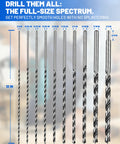 Built Tough 12 Inch Extra Long Drill Bit Set 10 Piece Brad Point Wood Bits showing various sizes ranging from 1/8 to 1/2 inch.