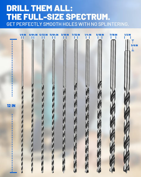 Built Tough 12 Inch Extra Long Drill Bit Set 10 Piece Brad Point Wood Bits showing various sizes ranging from 1/8 to 1/2 inch.