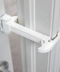 Adjustable Portable Door Lock With Heavy Duty Pet And Child Safety Latch secured on a white door, designed for safety and ease of use.