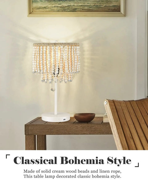 Boho Table Lamp With USB Charging Port and Birch Wood Bead Details on a Wooden Table in a Living Room
