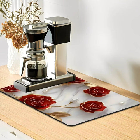 Absorbent Coffee Machine Mat for Countertop with Non Slip Surface, 11.8x17.7 Inches, floral design under a coffee maker