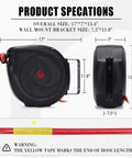 Heavy-Duty Retractable Air Hose Reel 50Ft 3/8 Inch Polymer Line with wall mount bracket size specifications