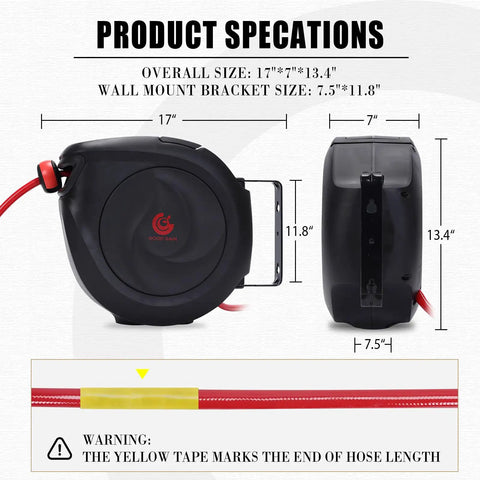 Heavy-Duty Retractable Air Hose Reel 50Ft 3/8 Inch Polymer Line with wall mount bracket size specifications
