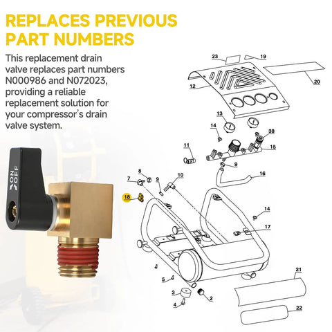 Universal Air Compressor Drain Valve Replacement For Dewalt Bostitch And Porter Cable with diagram and part numbers N000986 N072023.
