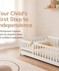 White Full Rubber Wood Floor Bed With Safety Guardrails And Fence Door in a child-friendly room setting