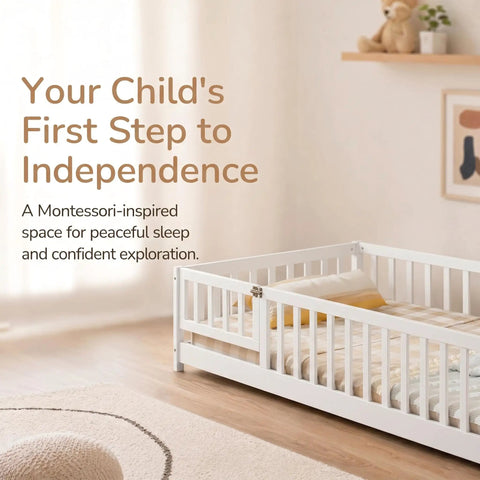White Full Rubber Wood Floor Bed With Safety Guardrails And Fence Door in a child-friendly room setting