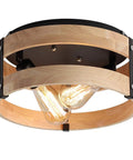 Two Light Modern Farmhouse Flush Mount Ceiling Light With Metal And Wood Round Drum Rustic Ceiling Fixture For Hallway Bedroom Kitchen Or Entryway Light Yellow Wood And Black Accents Easy Install And Durable Design close-up
