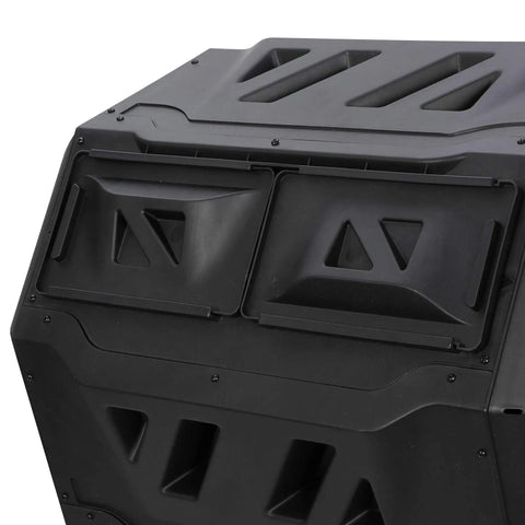 Close-up of sliding doors on Outdoor Dual Chamber Tumbling Compost Bin With 43 Gallon Capacity, in black BPA-free material