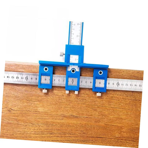 Straight Shot Precision Adjustable Woodworking Jig For Cabinet Hardware Portable Hole Punch Locator on wood surface with rulers