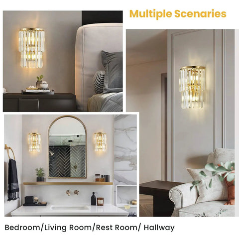 Two Light Crystal Wall Light With K9 Crystals And Gold Stainless Steel Frame Modern Bedside Wall Sconce in living room setting.