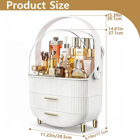 Premium Acrylic Makeup Organizer With Drawers For Vanity Skincare Storage Game Changer Hits Different showing clear design and size dimensions.