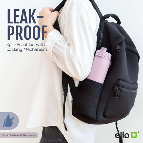 Person carrying backpack with Pop And Fill 22oz Stainless Steel Water Bottle With Quick Fill Lid Dual Sip Or Chug in side pocket.