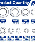 Front view of flat stainless steel washers, sizes M2–M12, 304 stainless, 300 pcs set