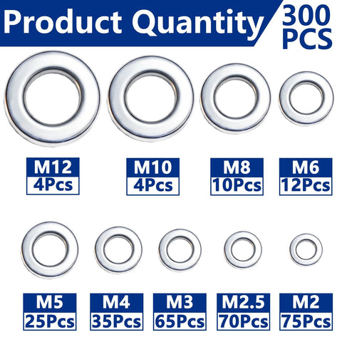 Front view of flat stainless steel washers, sizes M2–M12, 304 stainless, 300 pcs set