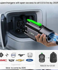 Plug And Play Ccs To Nacs Adapter For Dc Fast Charging Station attached to EV inlet, showcasing compatibility with Ford and Volvo.