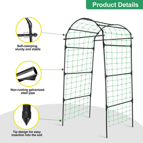 Heavy Duty Garden Arch Trellis For Climbing Plants, 6.7Ft Tall Steel Arbor with nylon netting, weatherproof, rust-resistant frame