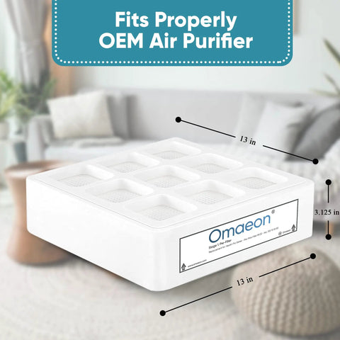 Pre Filter Replacement For IQAir Pre Max F1 And HealthPro Series F8 S shown with dimensions 13x13x3.125 inches on couch.