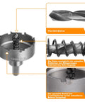 Close-up of Pro Grade 23 Piece Carbide Hole Saw Kit With Pilot Bits From 5/8 to 4 Inch Set details and pilot drill bit.
