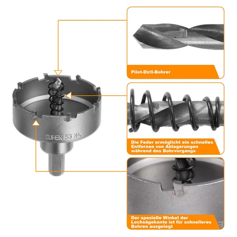 Close-up of Pro Grade 23 Piece Carbide Hole Saw Kit With Pilot Bits From 5/8 to 4 Inch Set details and pilot drill bit.