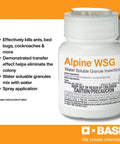 Alpine WSG, Water Soluble Granule Insecticide label on bottle for pest control with product features and BASF logo.