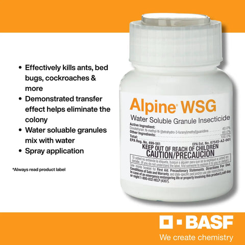 Alpine WSG, Water Soluble Granule Insecticide label on bottle for pest control with product features and BASF logo.